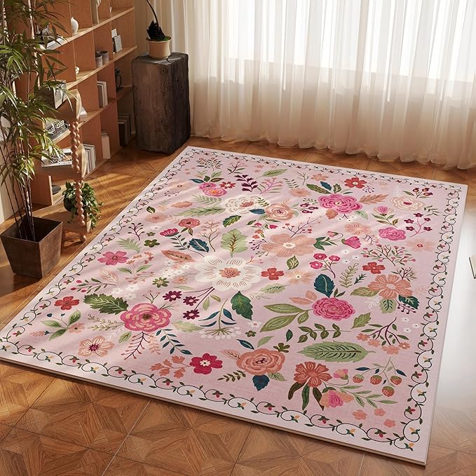 Bedroom Rug 3x5 Rug Washable Area Rug Non Slip Low Pile Boho Floral Small Carpet for Bedroom, Bedside, Kitchen, Entryway, Kids Room, Office, College Dorm Essentials for Girls(Pink)-Ruum Studio Home