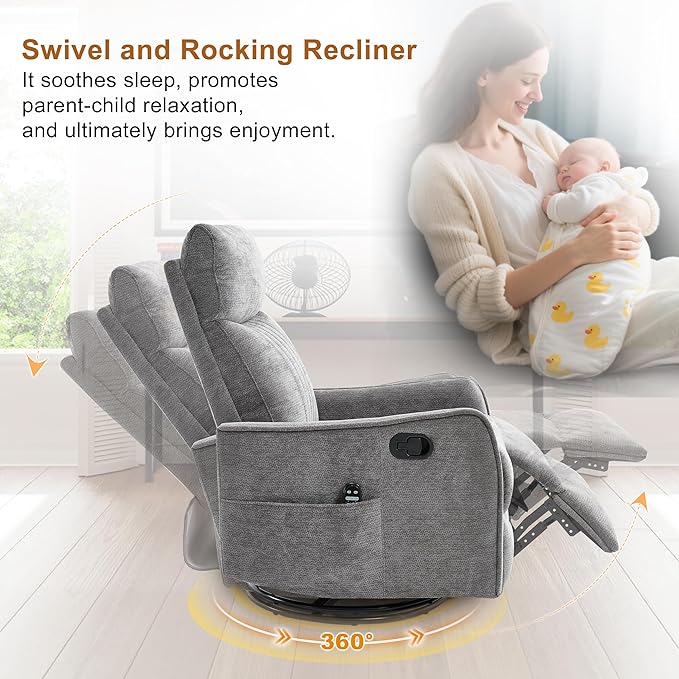 Manual Swivel Rocker Recliner Chair for Adults, Overstuffed Reclining Glider Chair for Nursing with Vibration Massage & Heat, Living Room Rocking Recliner 2-Stage backrest, Chenille Fabric Dark Gray-Ruum Studio Home