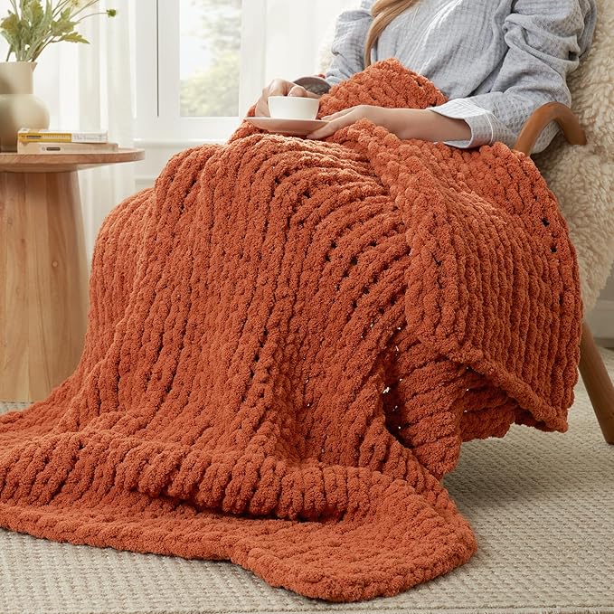 Amélie Home Chunky Knit Throw Blanket for Couch, Soft Chenille Crochet Blanket for Sofa, 50"x60", Burnt Orange-Ruum Studio Home