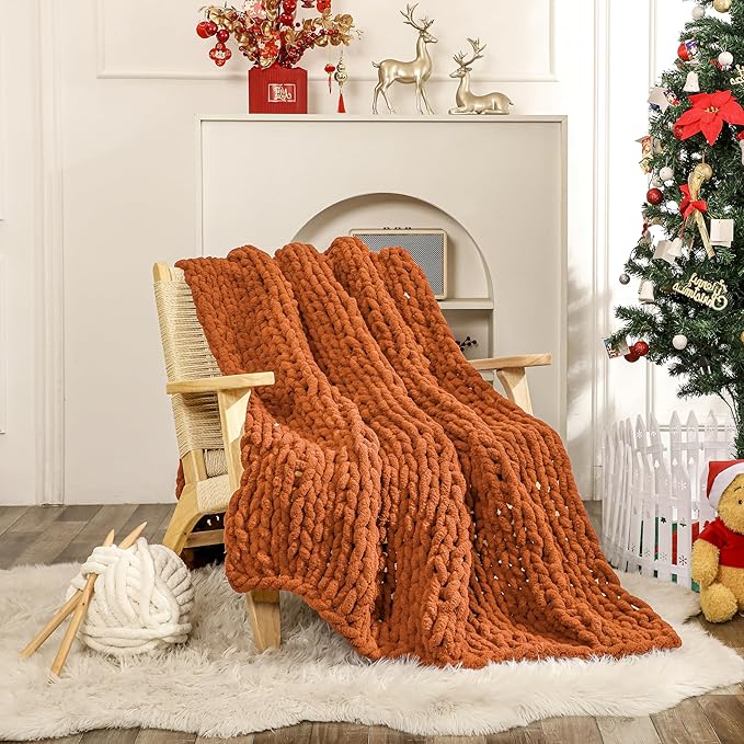 WESHIONGOO Chunky Knit Blanket Throw 50"×60" Knitted Throw Blankets for Couch Bed Fall Throw Blanket Fluffy Soft Blanket with Jumbo Chenille Yarn Thick 100% Handmade (Burnt Orange)-Ruum Studio Home