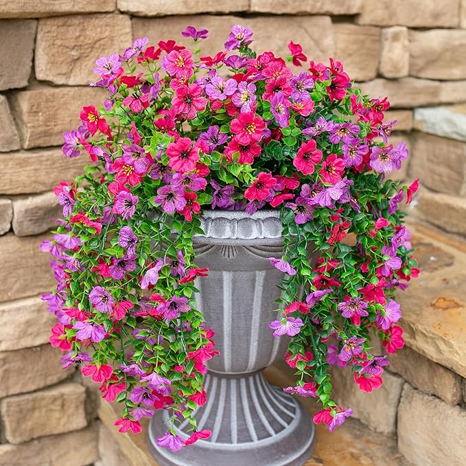 Artificial Faux Hanging Flowers Plants for Outdoor Decor, 2 PCS Outside Fake Silk Violets with Eucalyptus UV Resistant Realistic Daisy Trailing Vines for Planter Balcony Porch Patio Yard, Purplepink-Ruum Studio Home