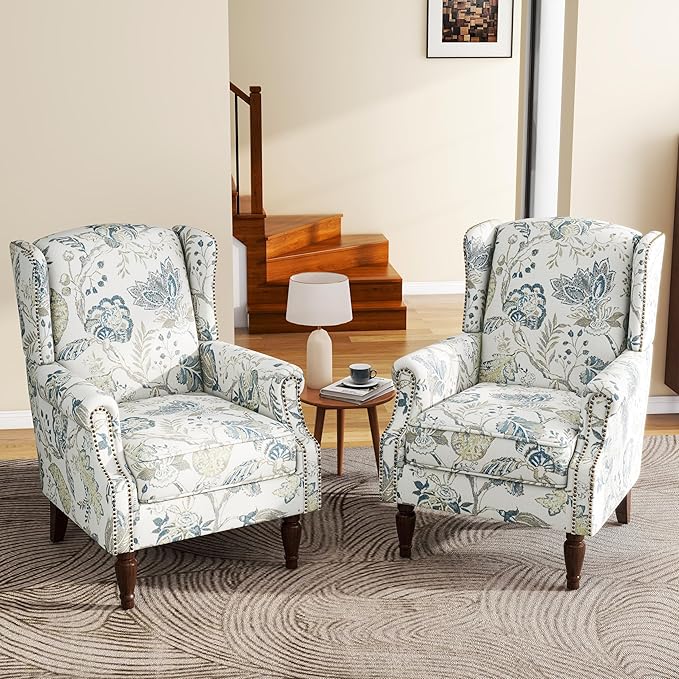 UIXE High Back Floral Accent Chairs Set of 2, Upholstered Armchair in Fabric, Retro Printed Wingback Arm Chair for Living Room, Nailhead Trim Single Sofa Bedroom Reading Seat - Plants Blue-Ruum Studio Home