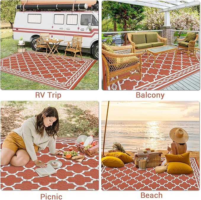 GAOMON Outdoor Rug Waterproof 8'x10', Reversible Outdoor Plastic Straw Rug, Boho Patio Rug, Indoor Outdoor Carpet, RV Mat Outside for Patio, Camp, Picnic, Balcony, Deck, Orange/White(Geometric)-Ruum Studio Home