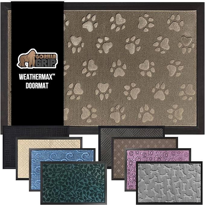 GORILLA GRIP 100% Waterproof All-Season WeatherMax Doormat US Designed Natural Rubber, Stain and Fade Resistant, Low Profile Indoor Outdoor Door Mats, Easy Clean Patio Mat, 17x29, Tan Pawprints-Ruum Studio Home