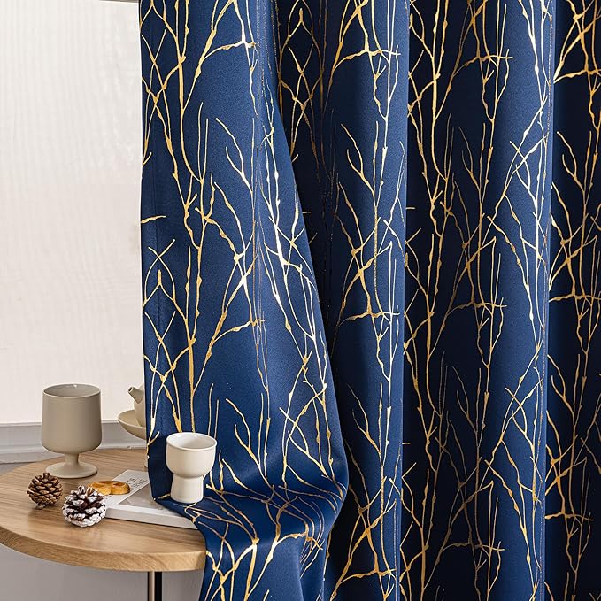 Grommets Blackout Long Window Curtains Navy Blue Gold-52W*95L 2PCS Drapes for Bedroom-Ruum Studio Home