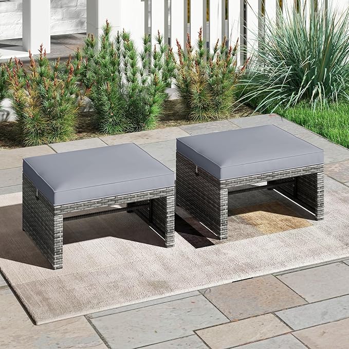 Tangkula 2 Pieces Patio PE Rattan Ottomans, Multipurpose Outdoor Footstool Footrest Additional Seating Side Table with Soft Zippered Cushions for Deck, Garden, and Yard (Gray)-Ruum Studio Home