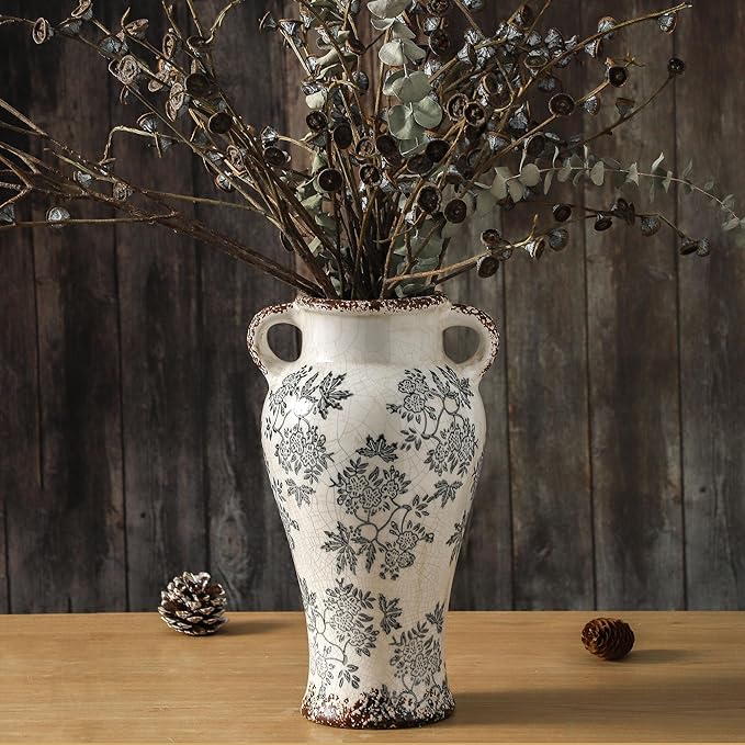 Enra Vintage vase with Handle,12.6 inch Blue and White Ceramic Decorative Flower vase, Chinoiserie Floral Vase,Large Rustic Vases for Home Decors, Living Room, Bookshelf, Office-Ruum Studio Home