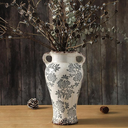 Enra Vintage vase with Handle,12.6 inch Blue and White Ceramic Decorative Flower vase, Chinoiserie Floral Vase,Large Rustic Vases for Home Decors, Living Room, Bookshelf, Office-Ruum Studio Home