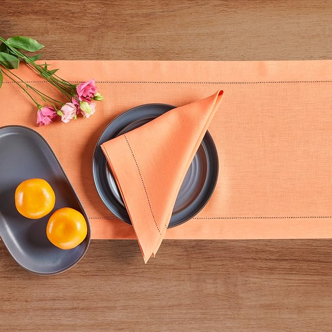 Solino Home Linen Coral Hemstitch Table Runner 36 Inches - 100% Pure Linen Small Table Runner 14 x 36 Inch Ideal for Dresser and Coffee Tables - Classic Hemstitch-Ruum Studio Home