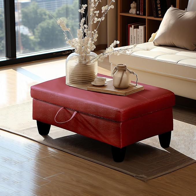 Ottoman Rectangular Storage Ottoman Bench, Faux Leather Footrest, Coffee Table, Stool Footstool with Hinged Lid for Living Room, Bedroom, Entryway, Red, 28.5"x19"x17.5"-Ruum Studio Home