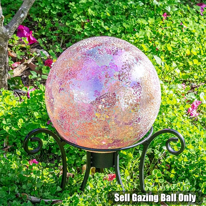 VCUTEKA Gazing Ball, Iridescent Crackled Glass Mosaic Gazing Balls Sphere for Garden Lawn Outdoor Ornament Yard Decorative, 10-Inch, Pink-Ruum Studio Home