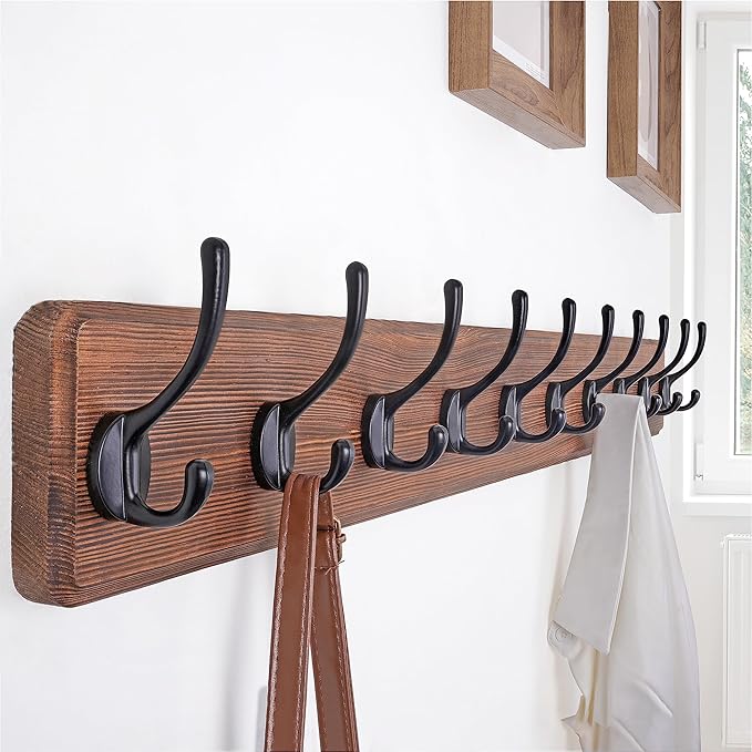 SKOLOO Rustic Wall Mounted Coat Rack, Case of 2, Pine Solid Wood Coat Hook Hanger - 10 Hooks for Hanging Clothes Robes Towels Coats-Ruum Studio Home
