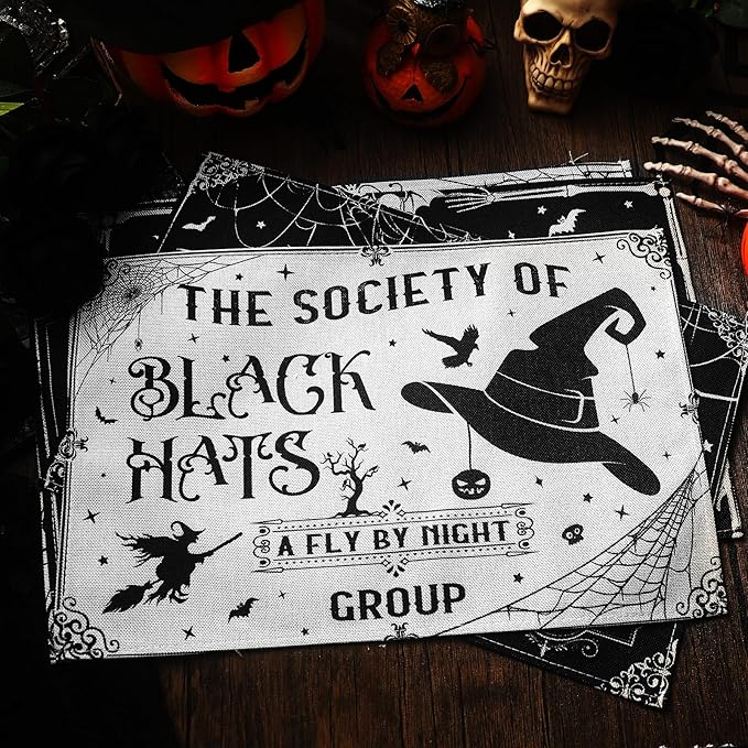 Umigy 6 Pcs Halloween Placemats 12"x18" Gothic Bat Placemats Kitchen Decoration Washable Witch Place Mats Rectangle Skull Table Mats for Halloween Dining Table Accessories(Black White Character Style)-Ruum Studio Home