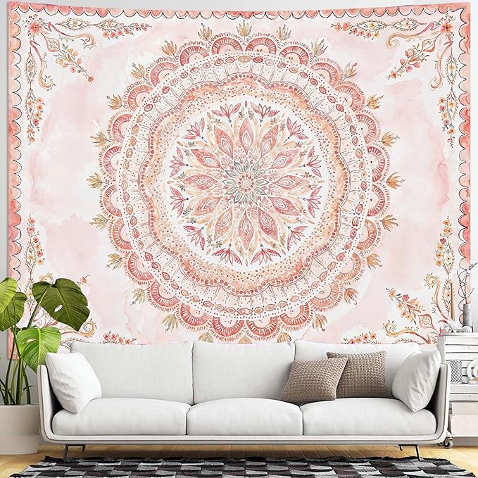 Fowocu Boho Floral Mandala Tapestry Wall Hanging Pink Bohemian Flower Medallion Tapestry Aesthetic Watercolor Hippie Indian Large Tapestries for Bedroom Living Room Dorm Decor 80 x 60 Inch-Ruum Studio Home