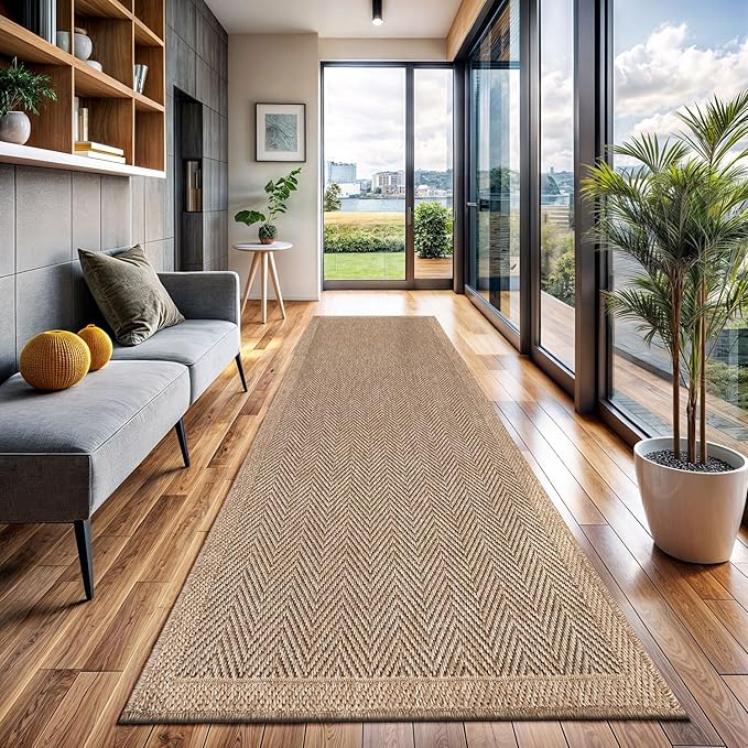 CAMILSON Indoor and Outdoor Runner Rug Natural Herringbone Seagrass Boho Design Easy-Cleaning Non Shedding Fiber Living Room Bedroom Garden Patio and Kitchen Washable Outside Carpet Alfombras (2x7)-Ruum Studio Home