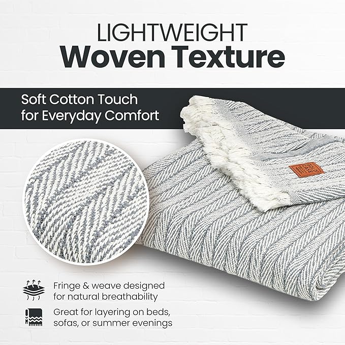 Gold Case Throw Blanket for Couch – 100% Recycled Turkish Cotton Blankets & Throws – Elegant Decorative Throw Blankets for Living Room Sofa – Woven Throws for Couch – Vintage Grey– 60x80-Ruum Studio Home