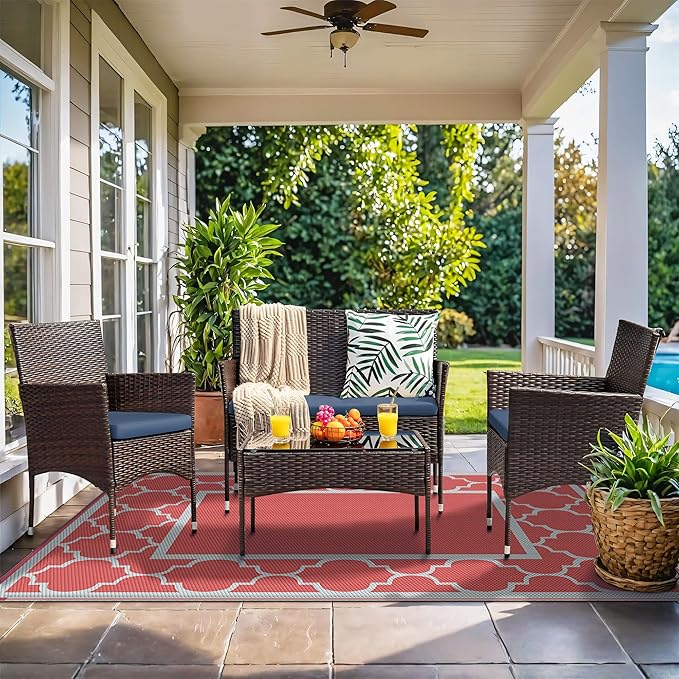 GENIMO 5' x 8' Outdoor Rug Waterproof for Patio Decor, Foldable Reversible Plastic Straw Area Rugs Mat for Camper, Outside Carpet for Rv, Deck, Porch, Picnic, Beach, Balcony, Red & Grey-Ruum Studio Home