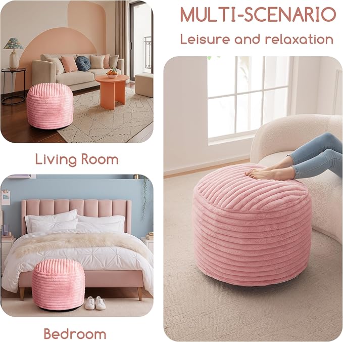 HIGOGOGO Round Stuffed Pouf Ottoman, Stripe Faux Fur Poufs with Foam Chunk Filling, Furry and Fluffy Pouf Foot Stool Storage Ottoman, 26 X 18 Floor Poufs Foot Rest for Living Room, Pink-Ruum Studio Home