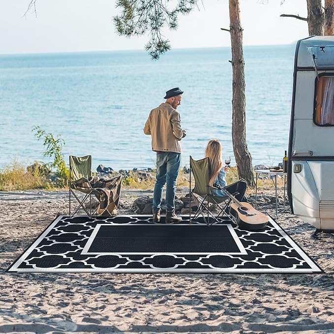GENIMO 5' x 8' Outdoor Rug Waterproof for Patio Decor, Foldable Reversible Plastic Straw Area Rugs Mat for Camper, Outside Carpet for Rv, Deck, Porch, Picnic, Beach, Balcony, Black & White-Ruum Studio Home