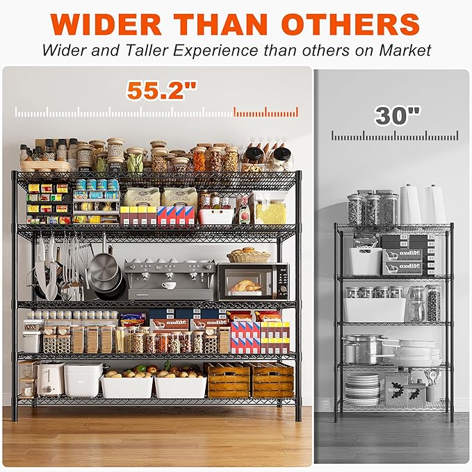 REIBII 85.7"H Storage Shelves 2998LBS Metal Shelving Units with Wheels&Feet, 5 Tier Garage Shelving Heavy Duty Adjustable Wire Shelf for Pantry Garage Commercial Industrials, 85.7"H X 55.5"W X 24.2"D-Ruum Studio Home