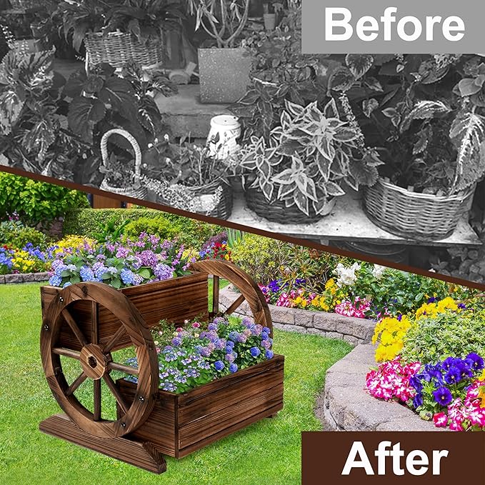 Wooden Wagon Planter Box, Garden Planter with Wheels,Decorative Planter for Flowers Herbs Vegetables for Indoor & Outdoor Décor, Flower Cart for Patio Garden Balcony-Ruum Studio Home