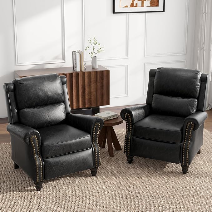 UIXE Pushback Recliner Chairs Set of 2, PU Leather Armchair Push Back Accent Chair, Rivet Trim Club Chair Home Theater Overstuffed Single Sofa Reading Seat for Living Room, Black-Ruum Studio Home