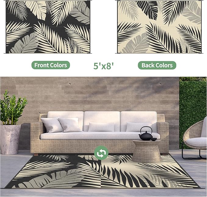 GENIMO Outdoor Rug 5' x 8' Waterproof for Patios Clearance, Reversible Outdoor Plastic Straw Camping Rug Carpet, Large Area Rugs Mats for RV, Picnic, Backyard, Deck, Balcony, Porch, Beach, Black&Beige-Ruum Studio Home