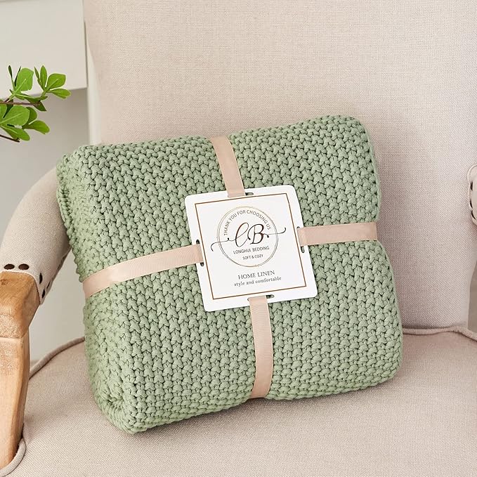 Chunky Cable Knit Throw Blanket Lightweight Light Green 100% Organic Cotton Blanket for Sofa Couch Bed Baby Nursery, Rustic Shabby Chic Modern Farmhouse, 51” x 63” Bonus Laundering Bag-Ruum Studio Home