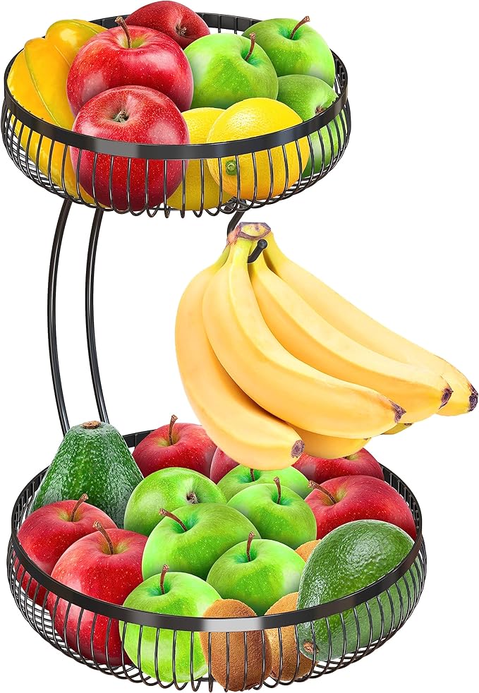 Simple Houseware 2-Tier Countertop Fruit Basket with Banana Hanger, Black-Ruum Studio Home