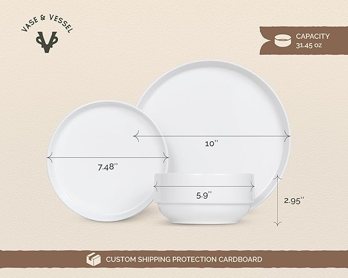 Ceramic Dinnerware Set, 12-Piece Service for 4, Soup Bowls (31.5 oz), Salad Plates (7.5"), Dinner Plates (10.5"), Round, Microwave and Dishwasher Safe, White, Cambridge Classics-Ruum Studio Home