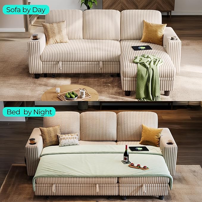 LINSY HOME Sectional Sleeper Sofa with Pull Out Couch Bed - Convertible Plush Corduroy Cloud Couch with Storage Chaise & USB Charging, Comfy L Shaped Modular Couches for Living Room Apartment, Beige-Ruum Studio Home