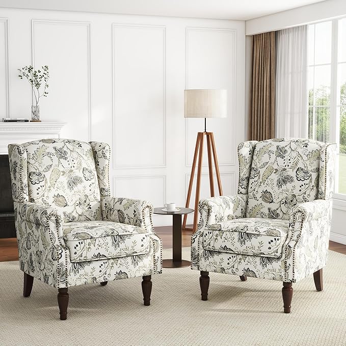 UIXE High Back Floral Accent Chairs Set of 2, Upholstered Armchair in Fabric, Retro Printed Wingback Arm Chair for Living Room, Nailhead Trim Single Sofa Bedroom Reading Seat - Plants Beige-Ruum Studio Home