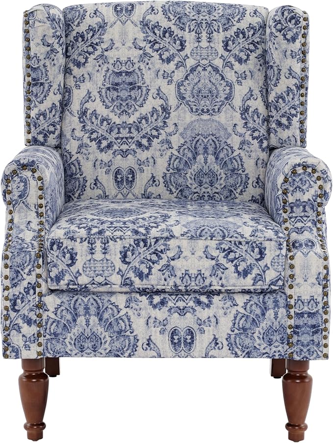 UIXE High Back Floral Accent Chairs Set of 2, Upholstered Armchair in Fabric, Retro Printed Wingback Arm Chair for Living Room, Nailhead Trim Single Sofa Bedroom Reading Seat - Navy Blue-Ruum Studio Home