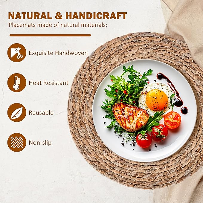 Defined Deco Woven Placemats Set of 6,12" Round Rattan Placemats,Natural Hand-Woven Water Hyacinth Placemats,Farmhouse Weave Place Mats,Rustic Braided Wicker Table Mats for Dining Table,Home,Wedding.-Ruum Studio Home