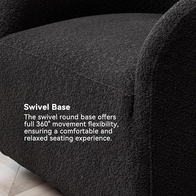 KINWELL 32" Wide Modern Boucle Swivel Barrel Chair, No Assembly Round Upholstered Swivel Accent Armchair for Living Room, Bedroom, Office (Black)-Ruum Studio Home