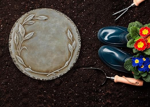 NAT & Jules Floral Laurel Wreath Leaves Pattern Dimensional Indoor Outdoor 12 inch Round Cast Resin Decorative Garden Stepping Stone, Patio, Walkway Sculpture Yard Art, Grey-Ruum Studio Home