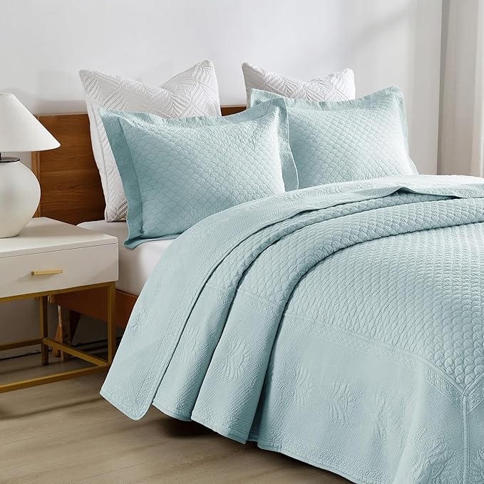 MarCielo 3-Piece 100% Cotton Oversized Bedspread Lightweight Quilt Coverlet Embroidery Farmhouse Bedding Set (TM Mint Green, Oversized Queen (100"x106"))-Ruum Studio Home