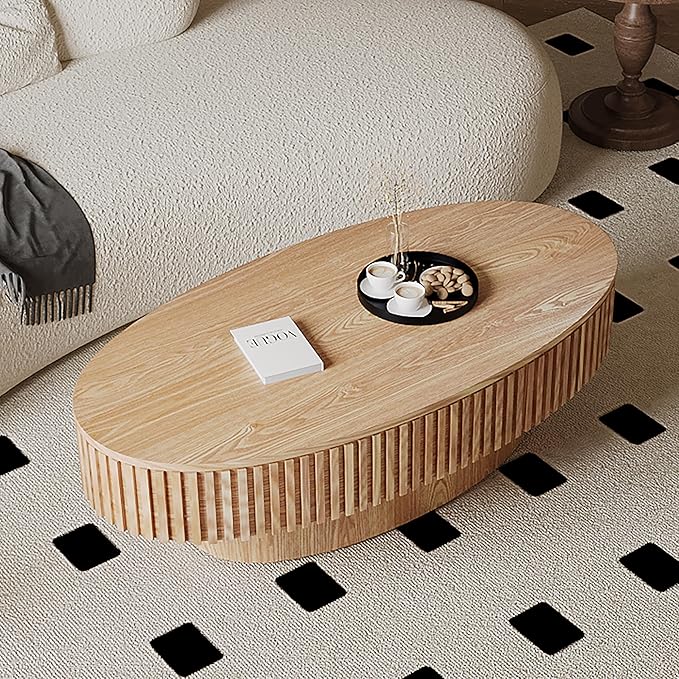 47.2''Oval Coffee Table with Storage, Mid Century Modern Drum Center Tables with Lid Fluted Solid Wood Side Coffee Table Pedestal Tea Table for Living Room, Bedroom, Apartmen-Natural-Ruum Studio Home