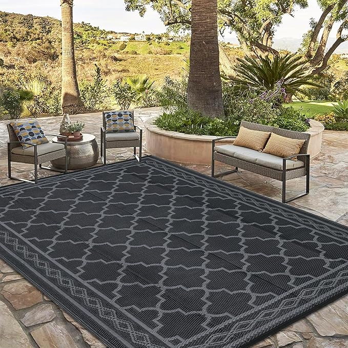 GAOMON Outdoor Plastic Straw Rug, 10'x14' Reversible Sage Green Patio Mat, Flower Modern Design for RV, Backyard, Deck, Camping, Picnic, Black/Grey(Geometric)-Ruum Studio Home