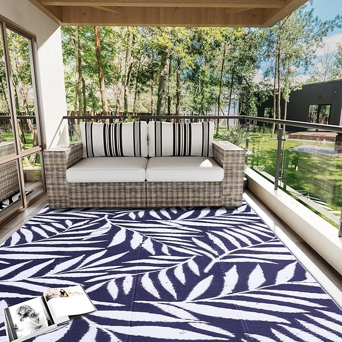 OLANLY Waterproof Outdoor Rug 6x9 ft, Reversible Outdoor Plastic Straw Rug with Leaf Pattern, RV Mat, Indoor Outdoor Carpet for Patio, Camping, Balcony, Deck, Backyard, Navy & White-Ruum Studio Home