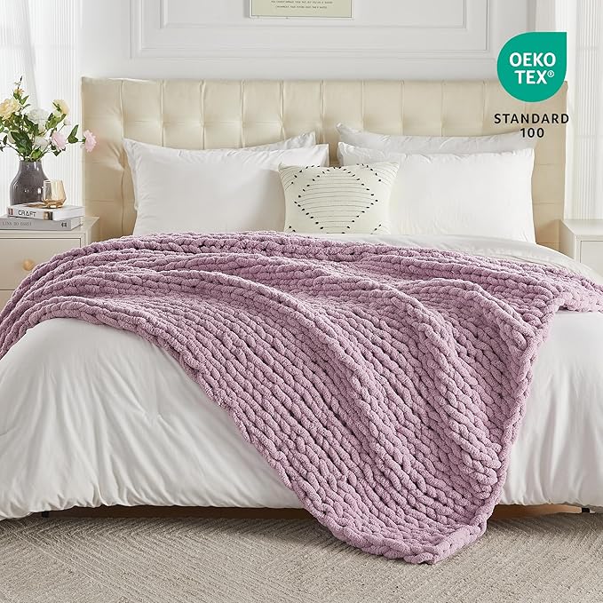 Carriediosa Chunky Knit Throw Blanket 50" X 60", 100% Hand Made Large Chenille Loop Yarn Soft Fluffy Throws for Couch Sofa Bed, Big Crochet Cozy Heavy Thick Cable Woven Blankets, Purple-Ruum Studio Home
