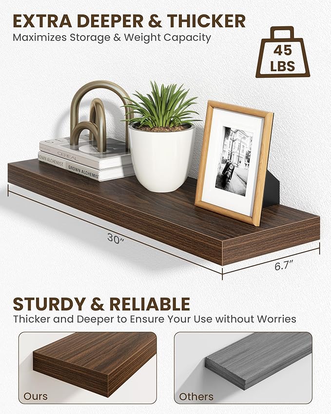 Marsmiles 30" Floating Shelves for Wall, Wooden Shelves with Invisible Brackets Set of 2, Rustic Farmhouse Wall Mounted Shelf for Kitchen Bathroom Living Room Study, Walnut-Ruum Studio Home