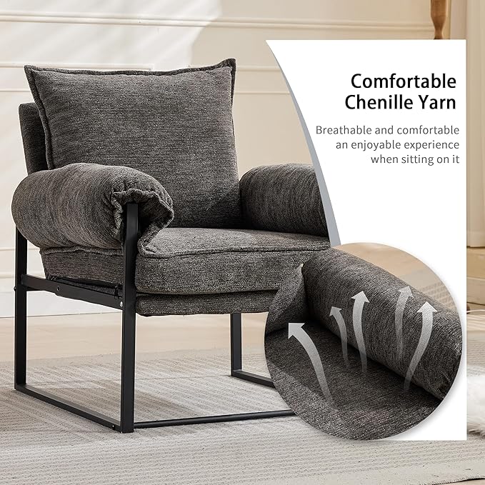 YISHENG Accent Chair with 6-Angle Adjustable Backrest, Chenille Fabric Living Room Chair Upholstered Lounge Chair, Modern Chair Cozy Reclining Chair for Reading Room, 1PC Gray-Ruum Studio Home