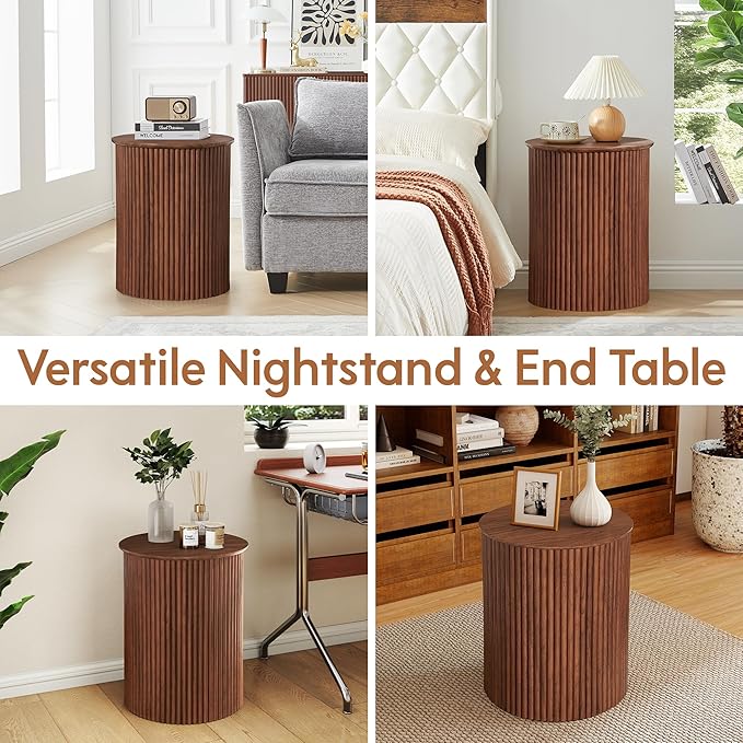 AVZEAR Small Round Side Table Fluted Night Stand Set of 2, 17.7" Mid Century Modern End Table, Circle Bedside Tables Wood Nightstands for Small Spaces, Living Room, Bedroom (Rustic Walnut)-Ruum Studio Home