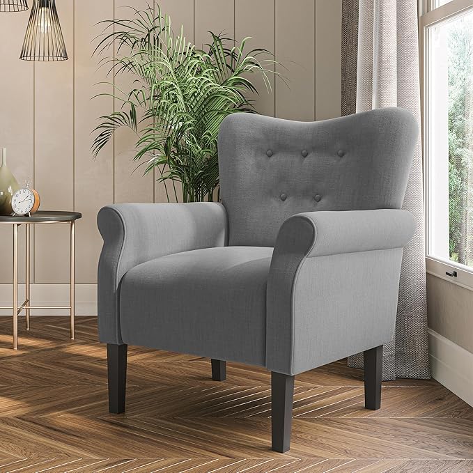 BELLEZE Modern Accent Chair, High Back Armchair, Upholstered Wingback Side Chair, Padded Single Sofa with Wooden Legs for Living Room, Bedroom - Gray-Ruum Studio Home