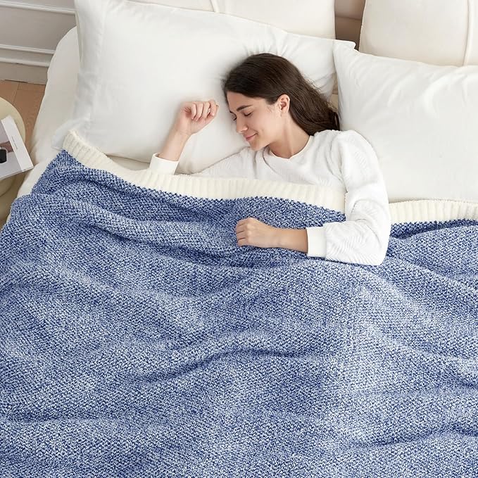 Snuggle Sac Royal Blue Blanket Twin Size for Bed and Sofa, Reversible Super Soft Blankets Warm Cozy Knit Blankets Fuzzy Plush Blankets, Heather Blue, 60x80 inches-Ruum Studio Home