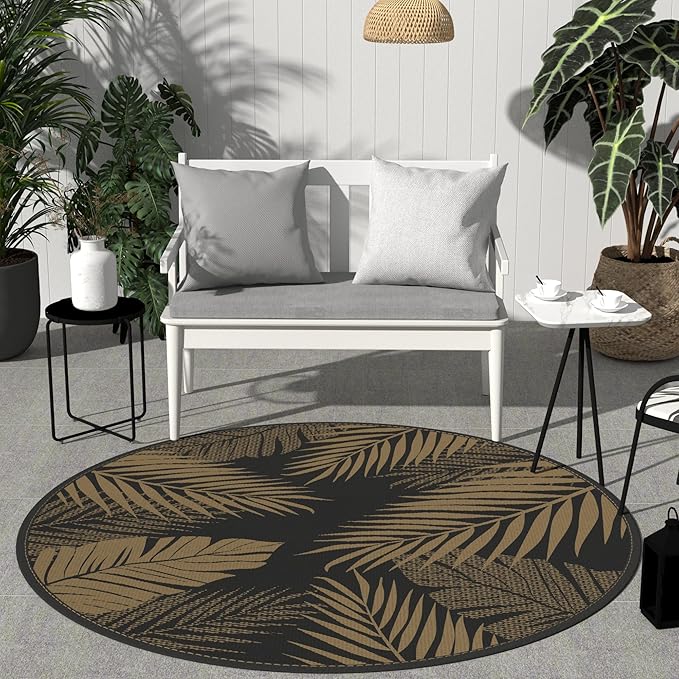 GENIMO Outdoor Rug 8' Round Waterproof for Patios Clearance, Reversible Outdoor Plastic Straw Camping Rug Carpet, Large Area Rugs Mats for RV, Camper, Deck, Balcony, Porch, Beach, Picnic, Black&Brown-Ruum Studio Home