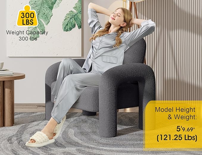 Modern Sherpa Accent Chair, Teddy Upholstered Arm Single Sofa, Cozy Fluffy Reading Chair for Living Room, Bedrooms, Corner (Grey)-Ruum Studio Home