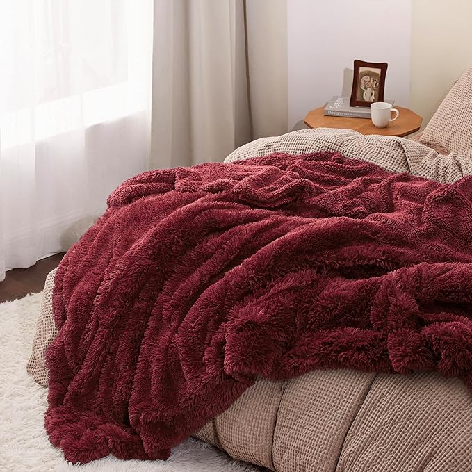 Bedsure GentleSoft Fluffy Burgundy Red Blankets Queen Size for Bed, Thick Sherpa Faux Fur Fleece Fuzzy Plush Winter Warm Soft Full Queen Blankets, Bedroom Decor Red Cozy Gifts for Women Men, 90x90-Ruum Studio Home