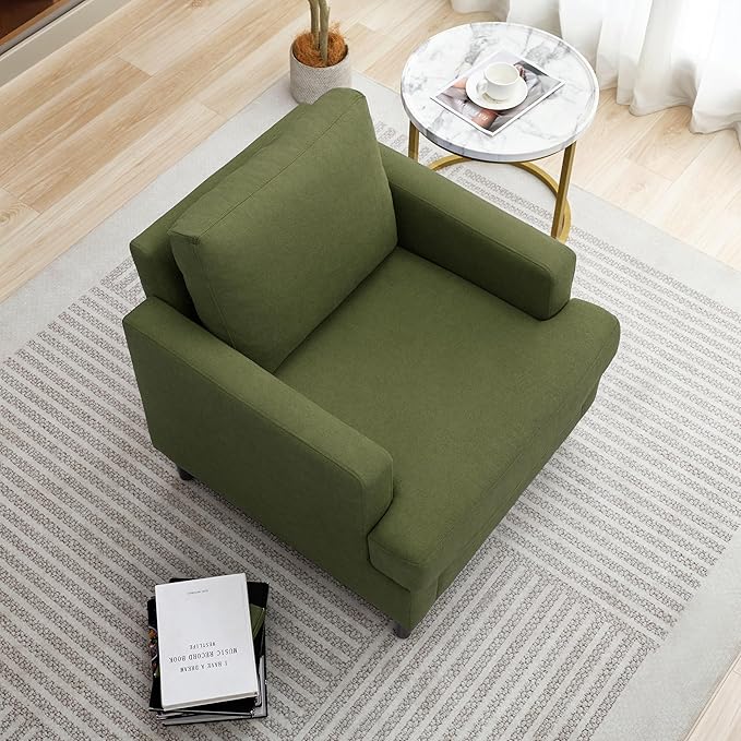Mid-Century Accent Chair,Modern Linen Fabric Armchair for Living Room,Comfy Upholstered Reading Accent Chairs for Bedroom,Single Sofa Chair with Wood Legs (Green, 1 Pack)-Ruum Studio Home